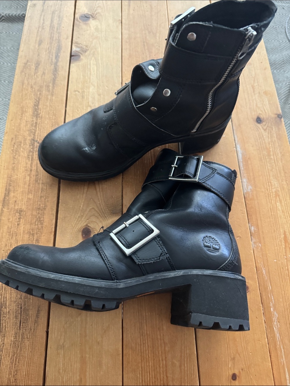 Timberland Black Leather Buckle Combat Heeled Ankle Boots